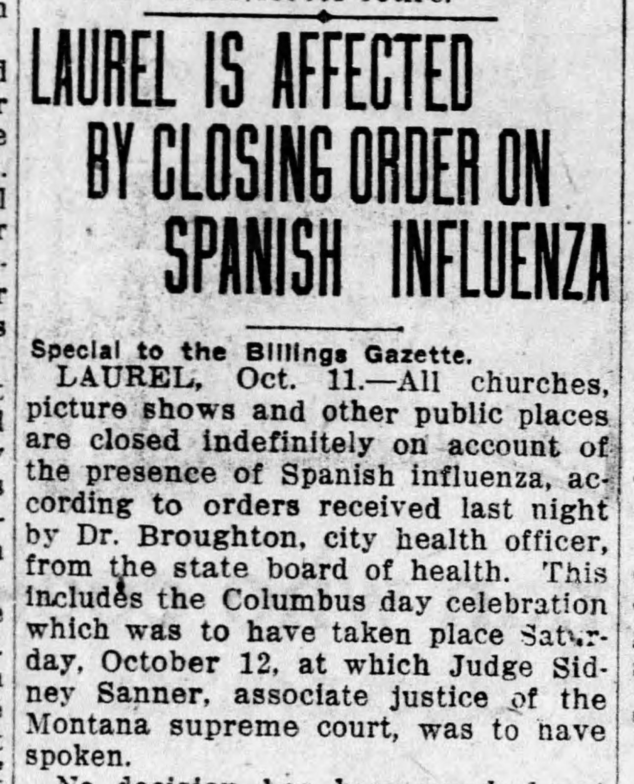 Laurel is affected by closing order on Spanish influenza